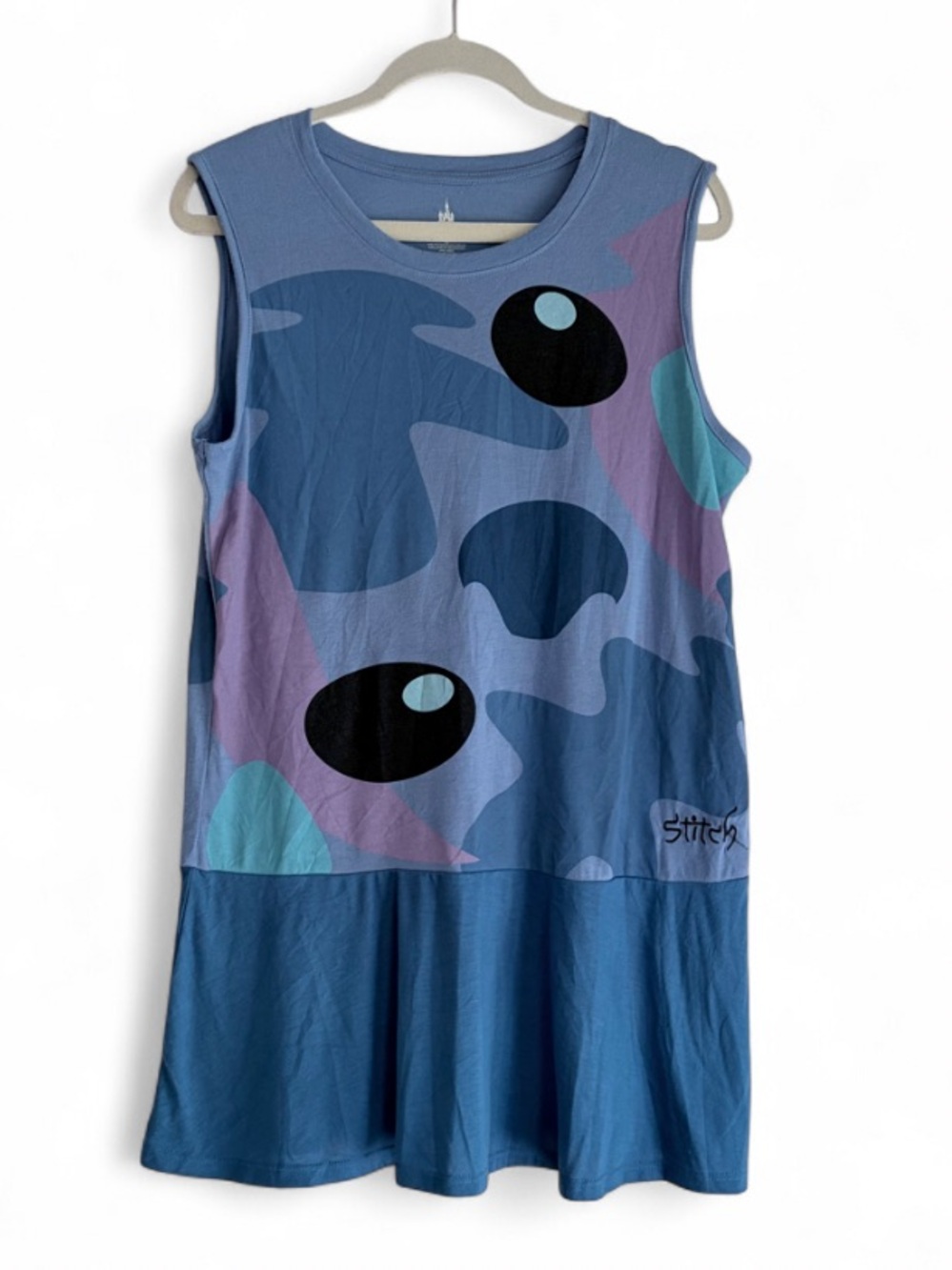 Disney Parks Stitch Blue Sleeveless Ruffle Hem Knit Drop Waist Dress Size L